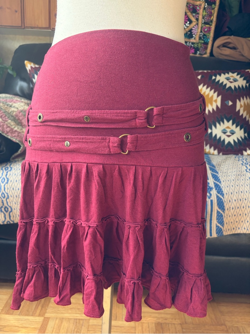 NOMADS Hempwear Eco-Conscious Women’s Burgundy Belted Detail Tiered Ruffle Skirt